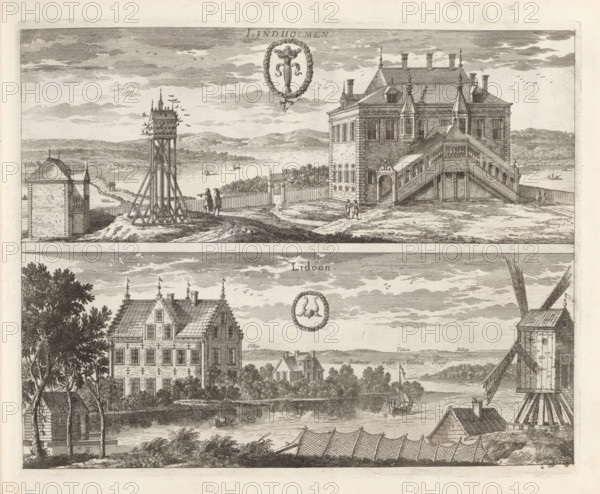 Lindholmen, Lidöön, View of the Lindholmen mansion and the Lidö house, Suecia Antiqua et Hodierna,