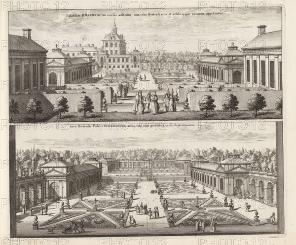 View of Rosersberg Castle and the garden from the south and the view of the garden on the north