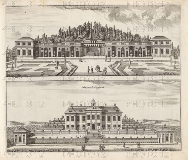 View of the greenhouses of the Stavsund estate and the main building from the east, Icon aedificii