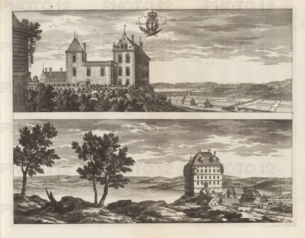 Wenngarn, Wÿk, View of Venngarn and Wÿk castle, Suecia Antiqua et Hodierna, print, album page,
