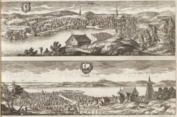 View of Södertälje and Trosa, Söder Telge, Troosa, Suecia Antiqua et Hodierna, print, album page,
