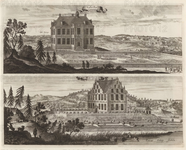 Ååhrsta, Häringe, View of the Årsta mansion and Häringe castle, Suecia Antiqua et Hodierna, print,