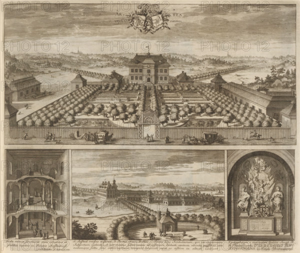 View of Årsta mansion, Åhrsta versus Orientem, Suecia Antiqua et Hodierna, print, album page,