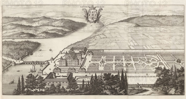 Erichsbergh, Ericsberg Castle in a bird's-eye view, Suecia Antiqua et Hodierna, print, album page,