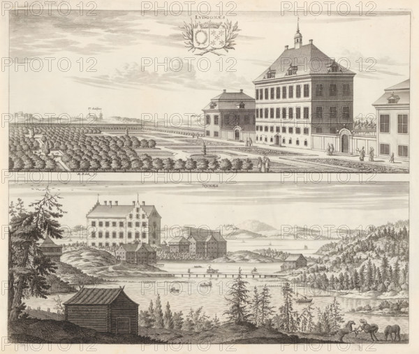 View of Ludgonäs mansion (now Trollesund) and Nynäs castle, Ludgonaes, Nynaes, Suecia Antiqua et