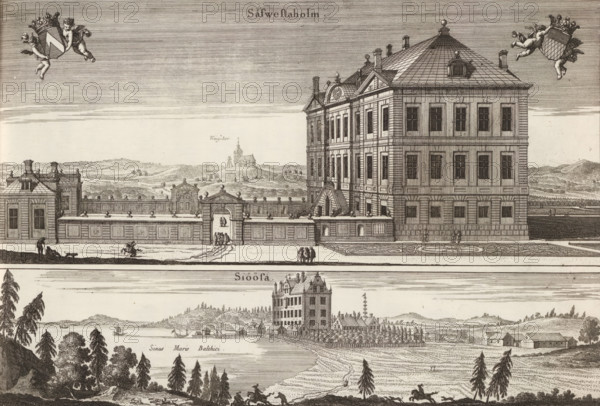 View of Sävstaholm castle and house Sjösa, Säfwestaholm, Siöösa, Suecia Antiqua et Hodierna, print,