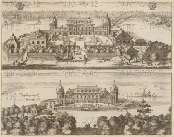 View of the Sjöholm country house, from the north and the south, Siöholm versus Septentrionem,