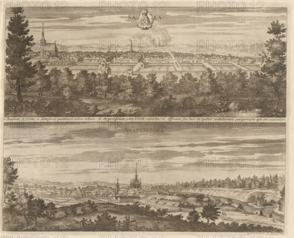 Sala, Awestadfors, View of Sala and Avesta, Suecia Antiqua et Hodierna, print, album page,