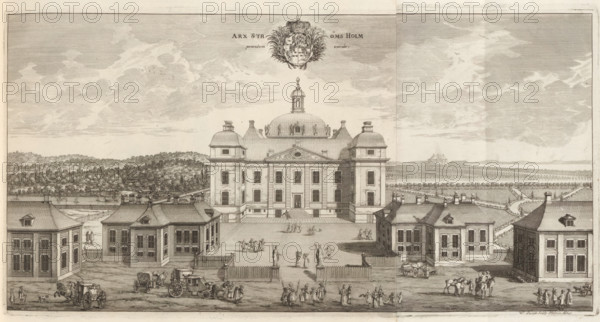 Arx Strömsholm ponentem versus, View of Strömsholm Castle, Suecia Antiqua et Hodierna, print, album