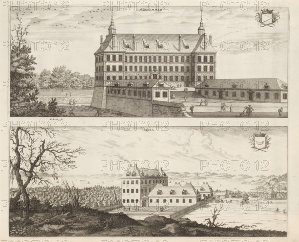 View of Målhammar Manor and Myrö House, Målhammar, Myra, Suecia Antiqua et Hodierna, print, album