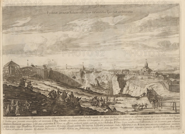 Fodinae aerariae Falunensis, qua orientem spectat, delineatio, View of the copper mine near Falun,