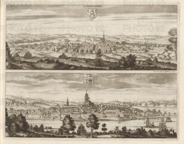 View of Lindesberg and Nora, Lindesberg, Nora, Suecia Antiqua et Hodierna, print, album page,
