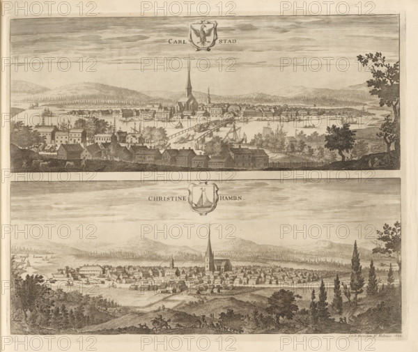 Carlstad, Christinehambn, View of Karlstad and Kristinehamn, Suecia Antiqua et Hodierna, print,