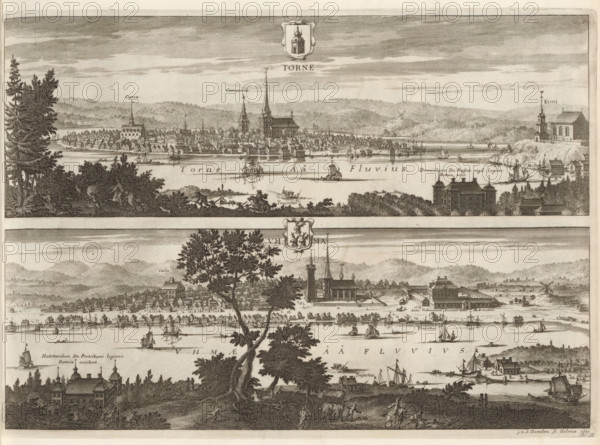 View of Torneå and Umeå, Torne, Uhma, Suecia Antiqua et Hodierna, print, album page, printmaker: