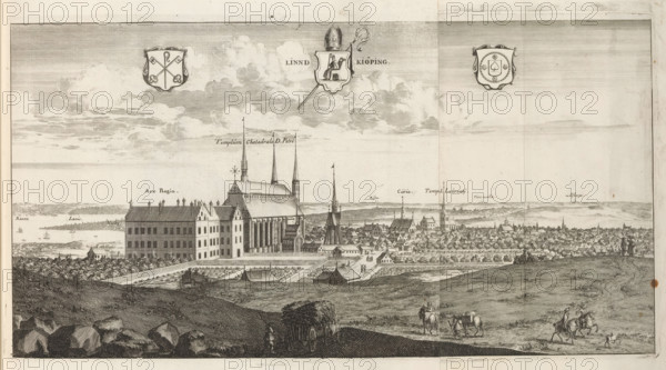 View of the city Linköping, Linndkiöping, Suecia Antiqua et Hodierna, print, album page,