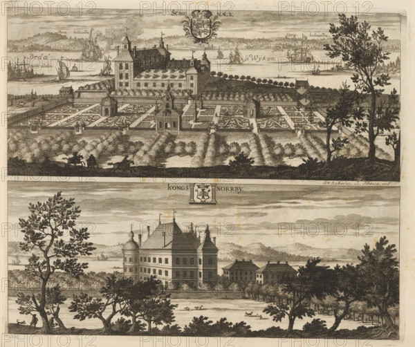 Schenaes, Kongs Norrby, View of Skenäs Castle and Kungs Norrby Castle, Suecia Antiqua et Hodierna,