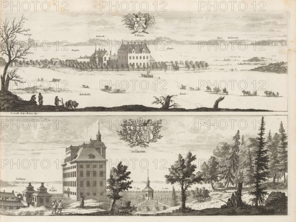 Tuuna, Stiärnorp, View of the Tuna estate and Stjärnorp castle, Suecia Antiqua et Hodierna, print,