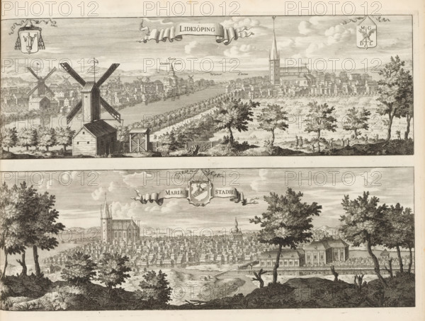 Lidkiöping, Mariaestadh, View of the towns of Lidköping and Mariestad, Suecia Antiqua et Hodierna,