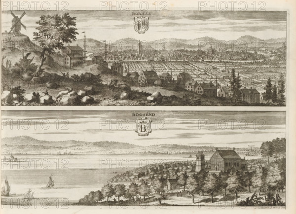 View of the towns of Borås and Ulricehamn, Boråås, Bogsund, Suecia Antiqua et Hodierna, print,