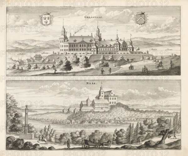 Grääsnääs, Nääs, View of Gräfsnäs Castle and Nääs Castle, Suecia Antiqua et Hodierna, print, album