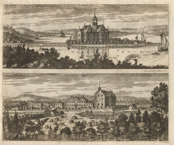 Sundholm occasum versus, Torpa, View of Sundholm Castle and Torpa Castle, Suecia Antiqua et