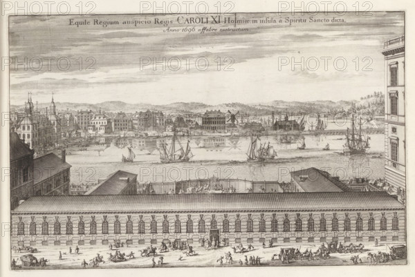 Equile Regium auspicio Regis Caroli XI, built on Helgeandsholmen in Stockholm. Behind it ships on