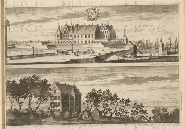 Wisingsborgh, Wästanåå, View of Visingsborg Castle and Västanå Castle, Suecia Antiqua et Hodierna,