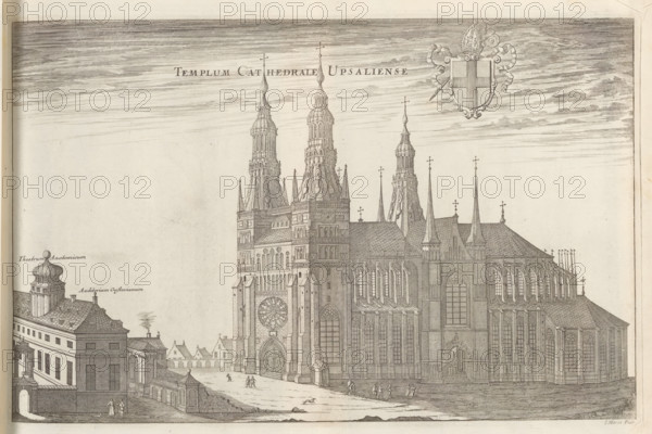 View of Uppsala Cathedral, Templum Cathedrale Upsaliense, Suecia Antiqua et Hodierna, print, album