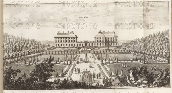 Ekolsund, Ekolsund Palace and its gardens, Suecia Antiqua et Hodierna, print, album page,