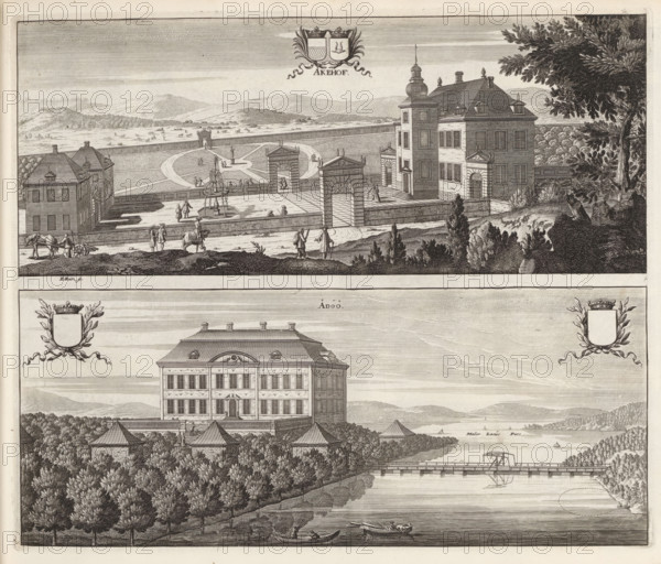 View of Åkeshov Palace and Adö Manor, Åkehof, Ådöö, Suecia Antiqua et Hodierna, print, album page,