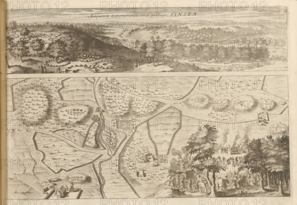 Panorama and map of the antiquities in Finsta, Antiquitates et monumenta circa praedium Finsta,