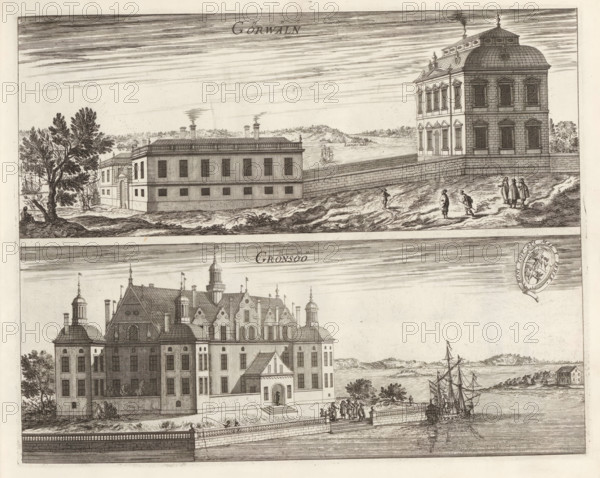 Görwäln, Grönsöö, View of Görväln manor and Grönsö manor, Suecia Antiqua et Hodierna, print, album