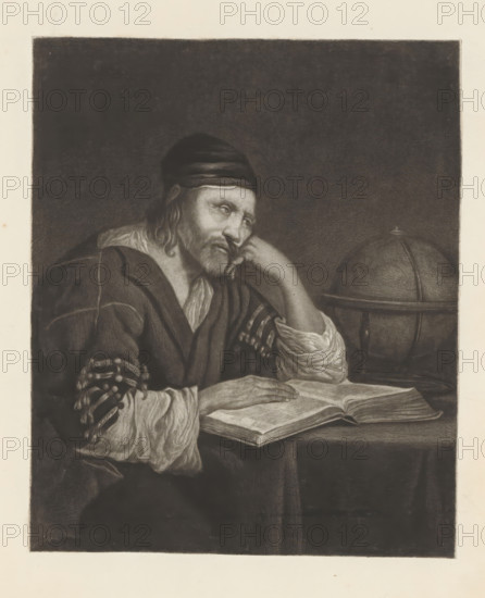 Geographer, print, album page, A man sits at a table. His right hand rests on an open book. His