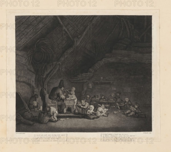 Interior of a school, print, album page, Interior with children, sitting on the floor and on low