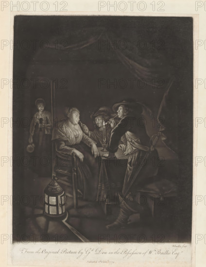 Interior with sleeping woman, print, album page, An interior with two soldiers wearing feathered