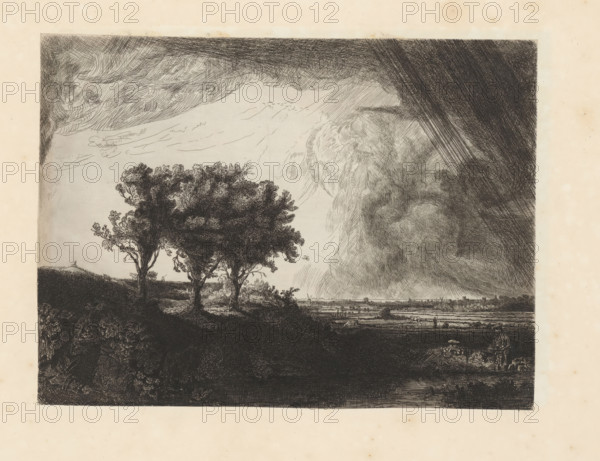 Three trees, print, album page, printmaker: William Baillie, after print by Rembrandt van Rijn,