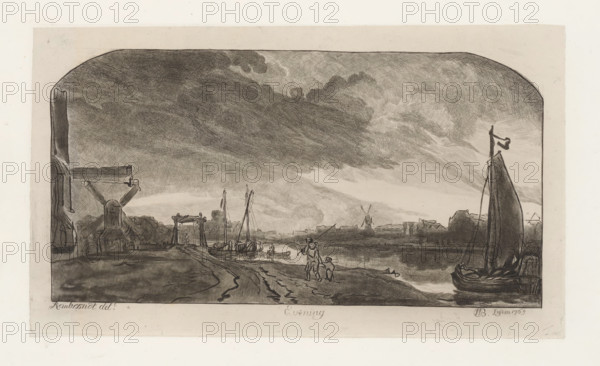 River view at evening, print, album page, River view with windmills, a bridge and ships. In the