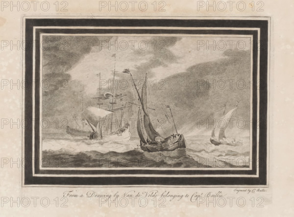 Four sailing ships, print, album page, printmaker: William Baillie, after drawing by Willem van de