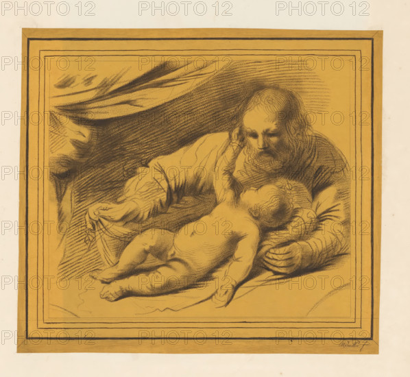 Joseph and the Christ Child, print, album page, A child lies on a bed and reaches for the face of
