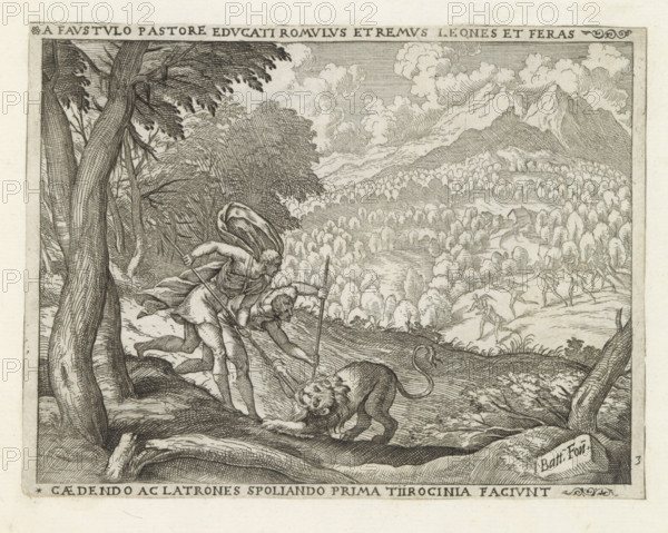 Faustulo pastore educati, Tiirocinia faciunt, Romulus and Remus fighting a lion, Life of Romulus