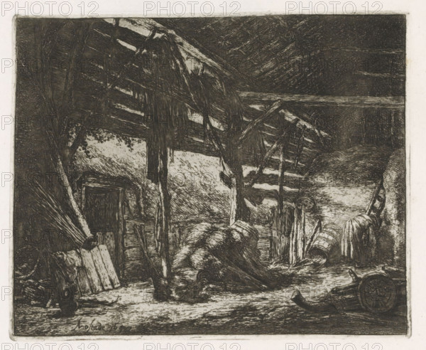 Interior of a hay barn, print, album page, On the right a woman bending forward. This print is part