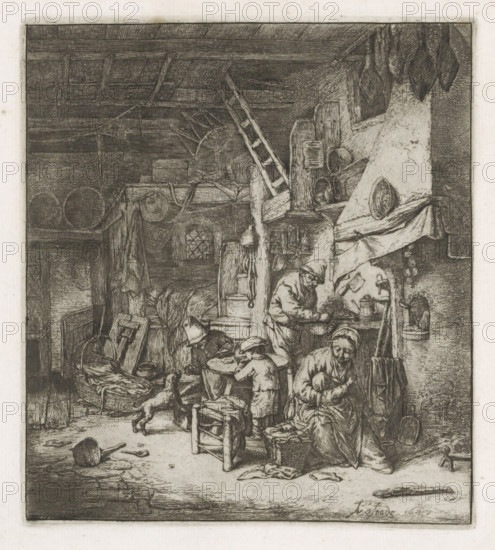 Peasant family in an interior, print, album page, The farmer's wife is looking after a small child,
