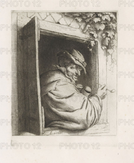 Smoking man in a window opening, print, album page, Man with a pipe and a drinking cup in a window