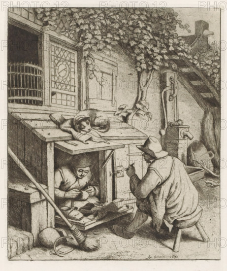 Shoemaker in a shop in front of his house and a customer, print, album page, A shoemaker sits in a