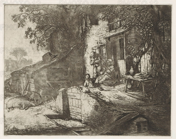 Woman spinning in front of a house, print, album page, In the yard in front of a house, a woman is