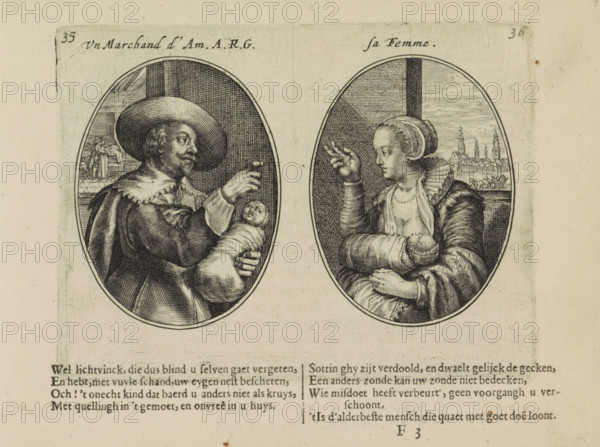 Merchant from Amsterdam and his wife, Un marchand d'Am. AKG, sa femme, Les abus du mariage, print,