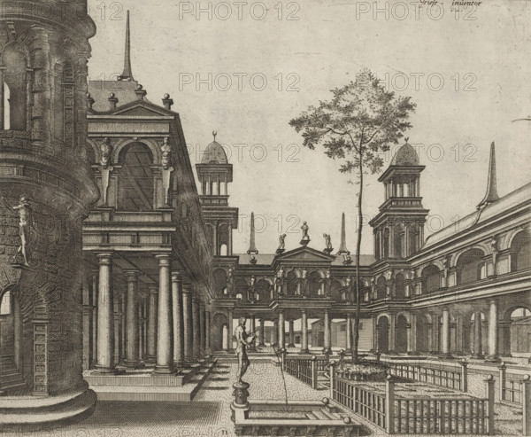 Courtyard surrounded by a colonnade in the Tuscan order, Variae architecturae formae, print, album