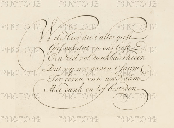 Writing example: Well Lord who gives it all, print, album page, ornamental print, printmaker: