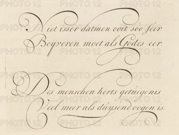Writing example: Niet isser datmen ooit soo seer, print, album page, ornamental print, printmaker:
