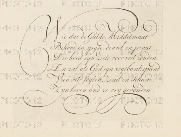 Writing example: Wie dat de Gulde Middelmaat, print, album page, ornamental print, printmaker: